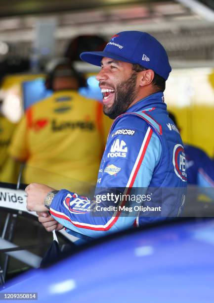 Bubba Wallace, driver of the Victory Junction Chevrolet, prepares for practice laps at Auto Club Speedway on February 28, 2020 in Fontana, California.