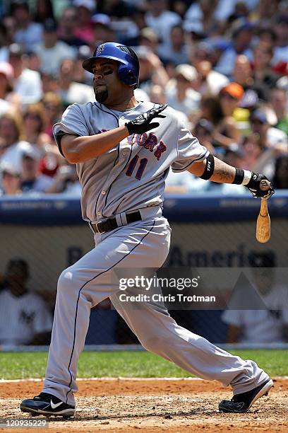 Ramon Castro of the New York Mets singles on a line drive to left to score David Wright in the 4th inning against the New York Yankees at Yankee...