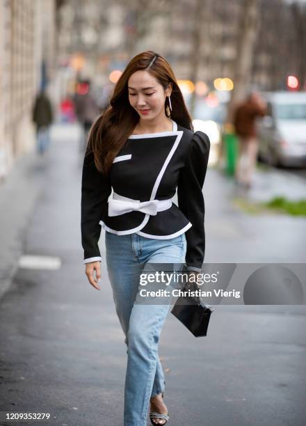 Jessica Jung is seen wearing denim jeans outside Alessandra Rich during Paris Fashion Week - Womenswear Fall/Winter 2020/2021 : Day Five on February...