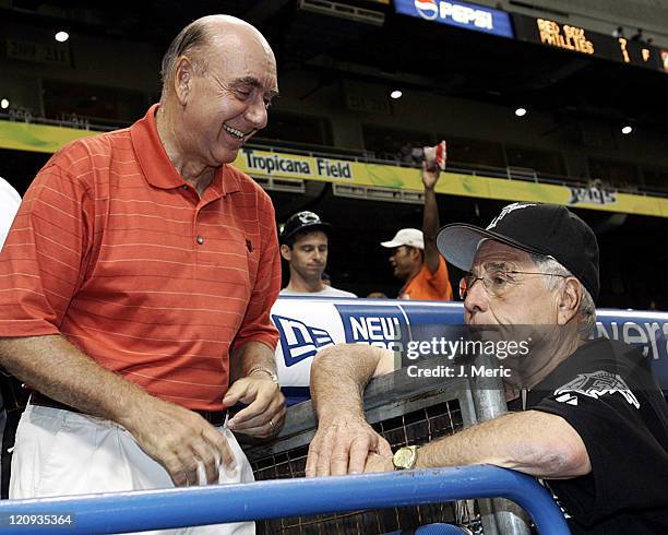 Basketball analyst Dick Vitale shares a thought with Florida Marlins manager Jack McKeon prior to Saturday night's game against the Tampa Bay Devil...