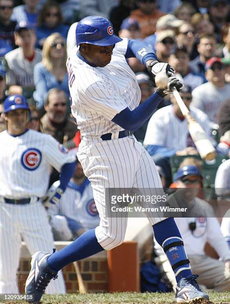 Alfonso Soriano of the Chicago Cubs, fouling off a Kyle Lohse offering, during action, at Wrigley Field, Chicago, Illinois on April 15, 2007 where a...