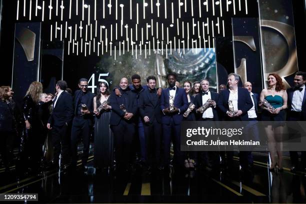 Winners pose on stage with their awards during the Cesar Film Awards 2020 Ceremony At Salle Pleyel In Paris on February 28, 2020 in Paris, France.