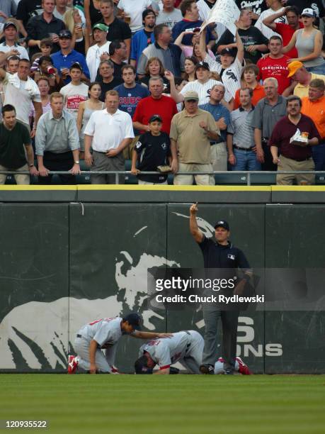 St. Louis Cardinals' Center Fielder, Jim Edmonds, holds his head after hitting the wall attempting to catch Joe Crede's home run during the game...