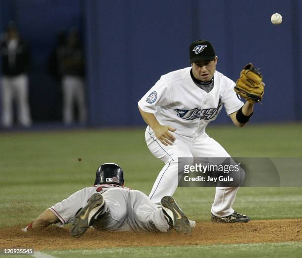 Toronto Blue Jays SS John McDonald bobbles the relay from the outfield to allow Boston's Mike Lowell to slide safely into second with a double at...