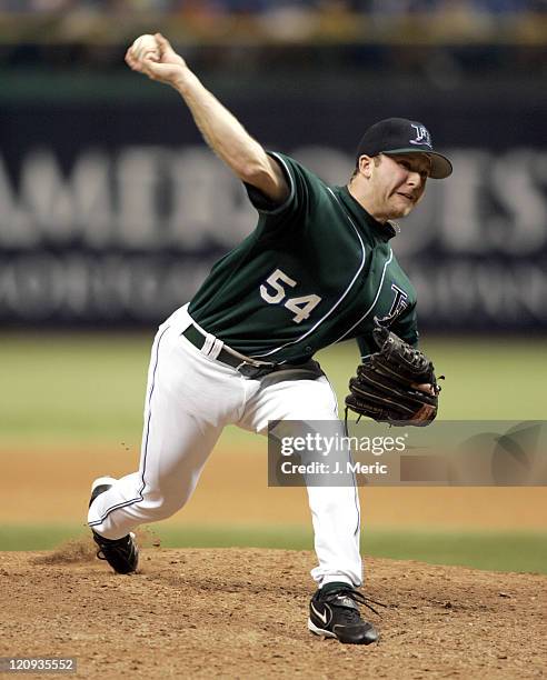 Tampa Bay Devil Rays reliever Chad Orvella makes a pitch in Thursday night's game against the Detroit Tigers at Tropicana Field in St. Petersburg,...