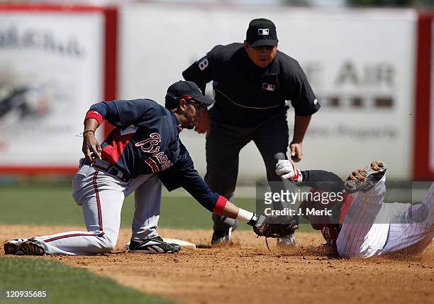 Cincinnati's David Ross is tagged out by Atlanta's Tony Pena on this play during Sunday's action at Ed Smith Stadium in Sarasota, Florida on March...