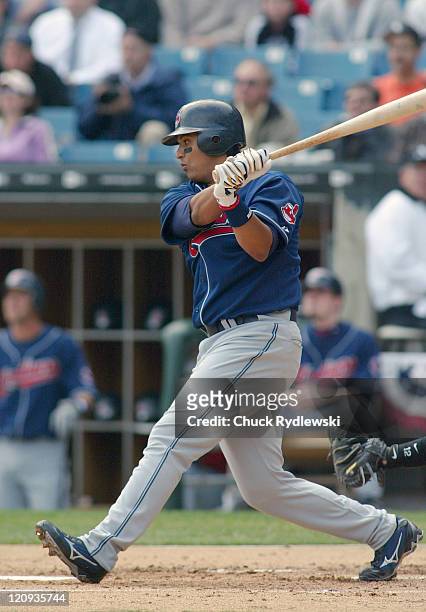 Cleveland Indians catcher Victor Martinez batting during the game against the Chicago White Sox at U.S. Cellular Field in Chicago, Illinois April 4,...