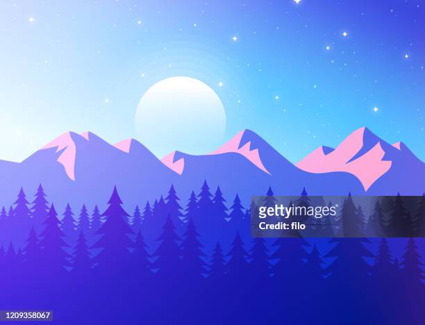 ilustrações, clipart, desenhos animados e ícones de paisagem do pôr do sol da montanha - treelined