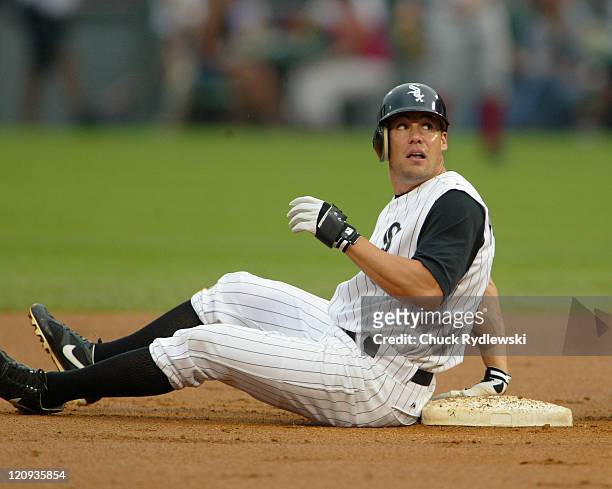 Chicago White Sox Left Fielder, Scott Podsednik, looks up after being called out at 2nd base during the game against the Boston Red Sox July 21, 2005...