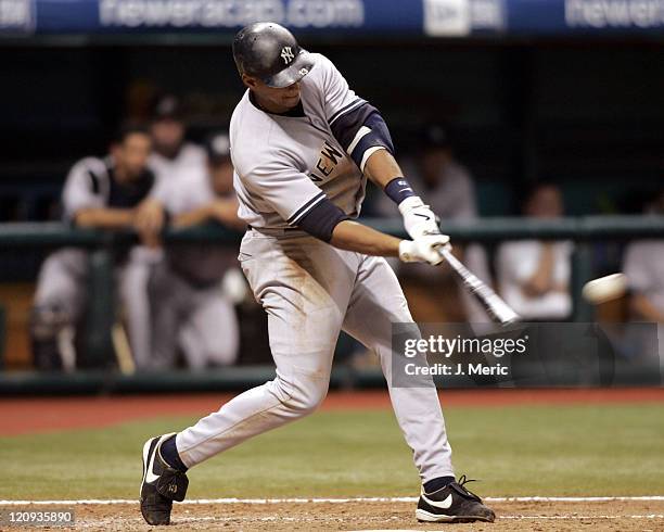 New York's Alex Rodriguez fouls off a pitch in Wednesday night's game against the Tampa Bay Devil Rays at Tropicana Field in St. Petersburg, Florida...