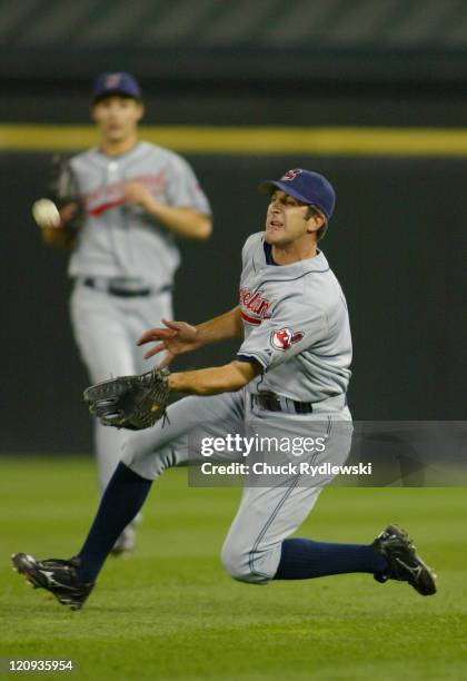 Cleveland Indians' Right Fielder, Casey Blake, makes a sliding catch during the game against the Chicago White Sox September 21, 2005 at U.S....