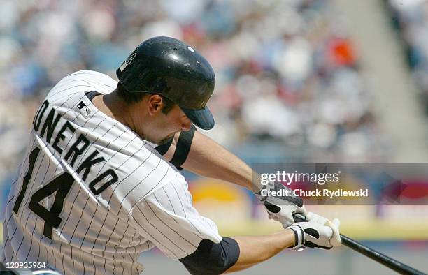 Chicago White Sox' 1st Baseman, Paul Konerko, hits his 2nd home run of day during the game against the Toronto Blue Jays April 15, 2006 at U.S....