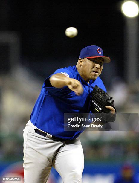 Chicago Cubs pitcher Carlos Zambrano in action against the Pittsburgh Pirates at PNC Park in Pittsburgh, Pennsylvania on April 15, 2005.