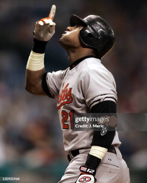 Baltimore's Sammy Sosa is thankful after his homer in Sunday's game against the Tampa Bay Devil Rays at Tropicana Field in St. Petersburg, Florida on...