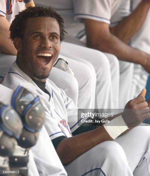 New York Mets Jose Reyes is all smiles in the dugout after leading off the game with a HR today vs the Toronto Blue Jays at Rogers Centre in Toronto,...