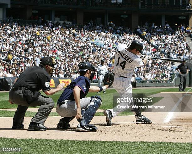 Paul Konerko, first baseman for the Chicago White Sox, at bat during the game against the Minnesota Twins at US Cellular Field in Chicago, Illinios...