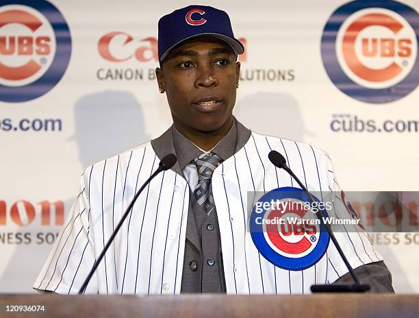 All-Star, Alfonso Soriano, newly signed by the Chicago Cubs, sporting the fifth-largest contract in the Major Leagues, meets the Chicago media in the...