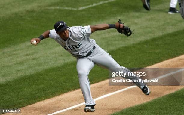 Seattle Mariners' third baseman, Adrian Beltre, makes a nice play to throw out Tadahito Iguchi during their game against the Chicago White Sox...