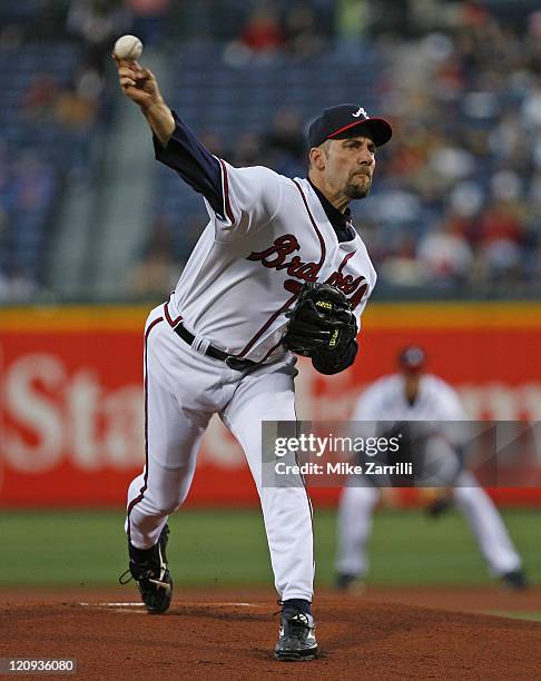 Atlanta pitcher John Smoltz during the game between the Atlanta Braves and the Washington Nationals at Turner Field in Atlanta, GA on April 12, 2007.