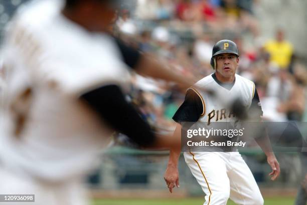 Pirate Rob Mackowiak on 3rd as Jose Castillo is at bat vs. Milwaukee at PNC Park in Pittsburgh, Pennsylvania July 4, 2004