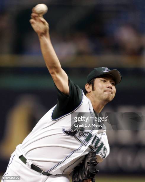 Tampa Bay Devil Rays starter Hideo Nomo makes a pitch to the New York Yankees on Wednesday, May 4, 2005 at Tropicana Field in St. Petersburg, Florida.
