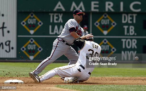 Pittsburgh Pirates Jason Bay slides safely into second base as Atlanta's Marcus Giles attempts to grab the ball during action at PNC Park in...