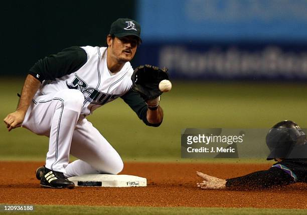 Tampa Bay's Jorge Cantu handles this throw as Arizona's Eric Byrnes successfully steals second base during Tuesday night's action at Tropicana Field...