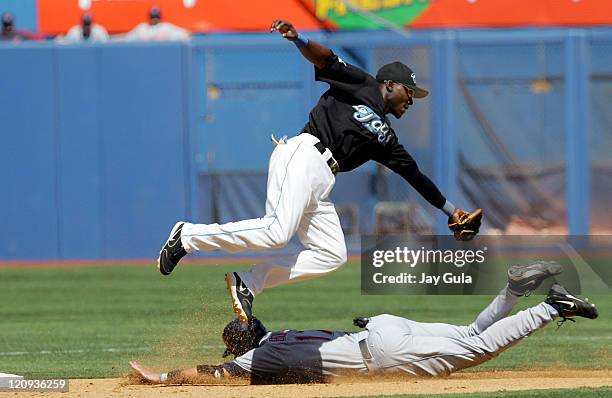 Clevelan 3rd baseman Aaron Boone slides safely into 2nd base with a stolen base avoiding the tag of Toronto's Orlando Hudson in the 4-1 win over the...