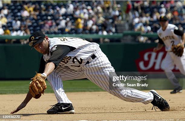 Pittsburgh Pirates Freddy Sanchez makes a backhanded grab during action against the Washington Nationals at PNC Park in Pittsburgh, Pennsylvania on...