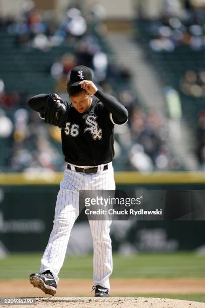 Chicago White Sox Starter, Mark Buehrle paws the mound after giving up a lead off home run to Grady Sizemore, during their game against the Cleveland...