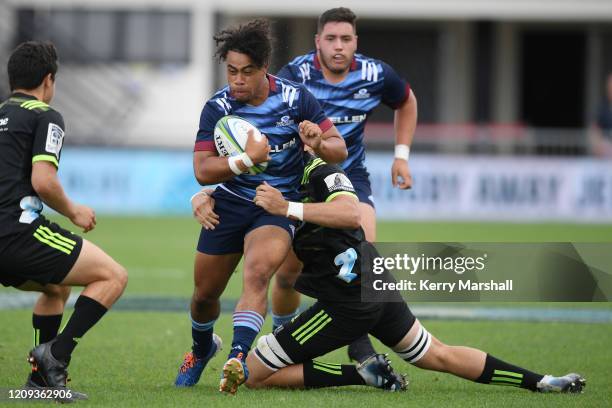 Manu Paea of the Blues Under 20s in action during the warm up match before the round five Super Rugby match between the Hurricanes and the Sunwolves...