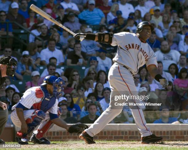 Barry Bonds goes down swinging during game action at Wrigley Field, Chicago, Illinois where the San Francisco Giants beat the Chicago Cubs by a score...