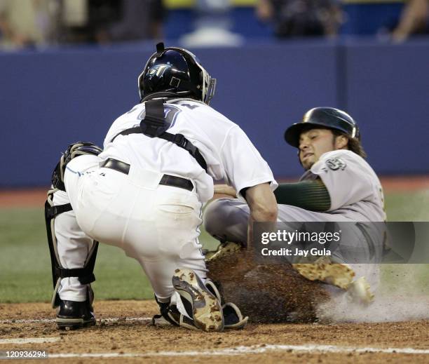 Oakland A's Nick Swisher is tagged out at home by Toronto catcher Gregg Zaun in action vs the Toronto Blue Jays at Rogers Centre in Toronto, Canada...