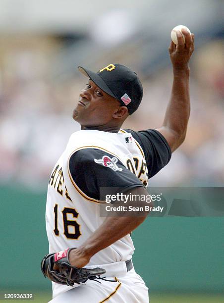 Pittsburgh's Saloman Torres pitches during the game against the Milwaukee Brewers at PNC Park in Pittsburgh, Pennsylvania on July 4, 2004. The...