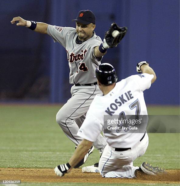 Detroit's Placido Polanco takes the throw at 2nd just ahead of a sliding Corey Koskie in the Detroit Tigers vs Toronto Blue Jays at the Rogers Centre...
