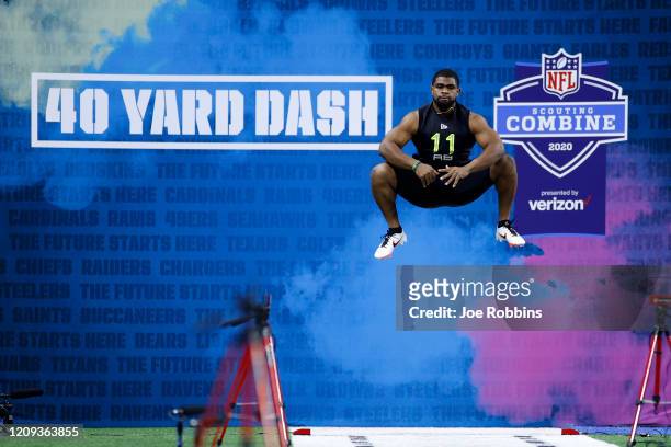 Running back Clyde Edwards-Helaire of LSU prepares to run the 40-yard dash during the NFL Combine at Lucas Oil Stadium on February 28, 2020 in...