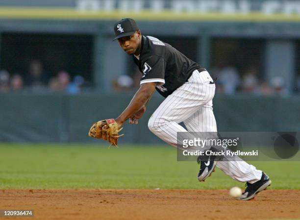 Chicago White Sox 2nd baseman, Willie Harris, can't flag down Jason Kendall's single during the game against the Oakland Athletics July 8, 2005 at...