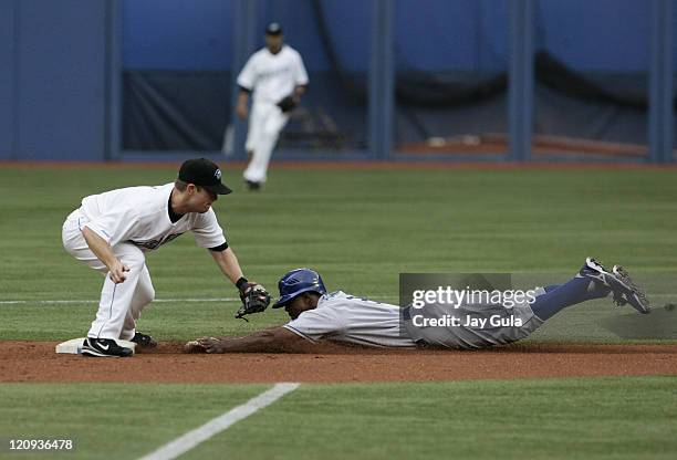 Juan Pierre of the Los Angeles Dodgers slides safely into 2nd base with a stolen base ahead of the tag from Toronto's Aaron Hill in action vs the...