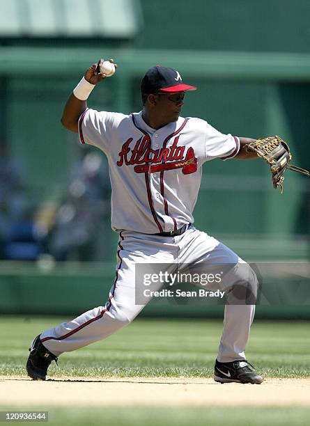 Atlanta Braves Edgar Renteria throws to first for an out against Pittsburgh during action at PNC Park in Pittsburgh, Pennsylvania on August 3, 2006.