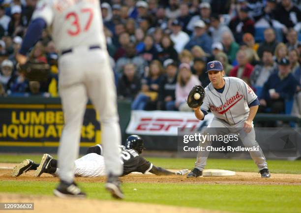 Cleveland Indians' 1st baseman Ben Broussard catches Jake Westbrook's pick-off throw against the Chicago White Sox June 11, 2006 at U.S. Cellular...