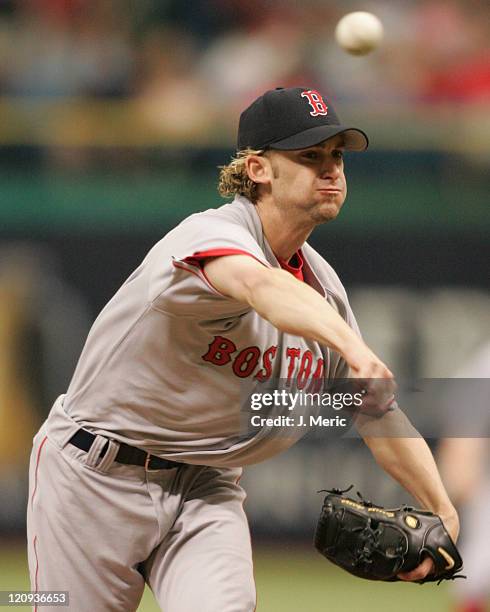 Boston Red Sox starting pitcher Bronson Arroyo makes a pitch in the first inning of Sunday's game against the Tampa Bay Devil Rays on April 24, 2005...