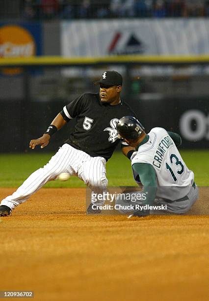 Chicago White Sox' Shortstop, Juan Uribe, can't come up with the throw as Carl Crawford steals 2nd base during their game against the Tampa Bay Devil...