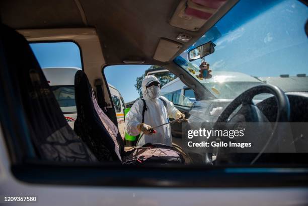Commuter taxis being disinfected at Mams Mall on Day Eleven of National Lockdown on April 06, 2020 in Pretoria, South Africa. According to media...