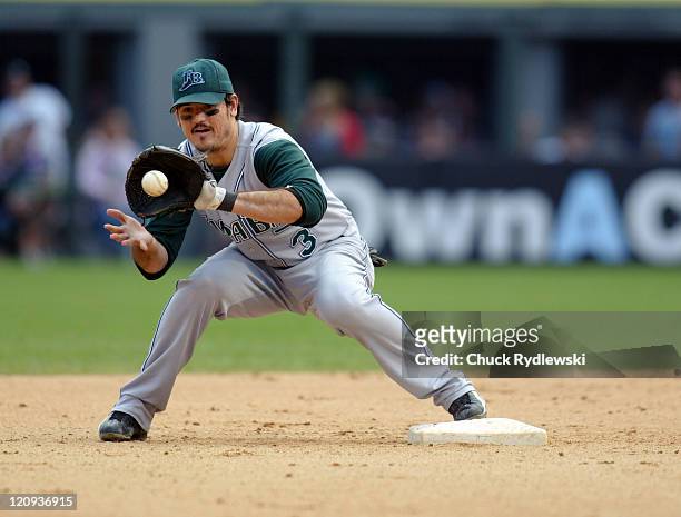 Tampa Bay Devil Rays' 2nd Baseman, Jorge Cantu, makes a putout at 2nd base during their game against the Chicago White Sox at U.S. Cellular Field in...