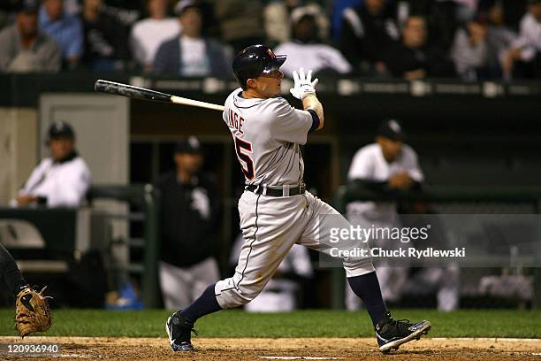 Detroit Tigers' third baseman, Brandon Inge, hits a 9th inning 3-run home run during their game against the Chicago White Sox September 18, 2006 at...