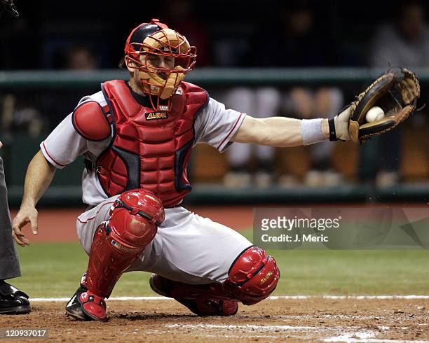 Boston Red Sox catcher Jason Varitek makes the grab during Monday night's game against the Tampa Bay Devil Rays at Tropicana Field in St. Petersburg,...