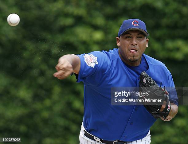 Chicago Cub pitcher, Carlos Zambrano, warming up in the left field bullpen at Wrigley Field, Chicago, Illinois July 30, 2006. The Chicago Cubs over...