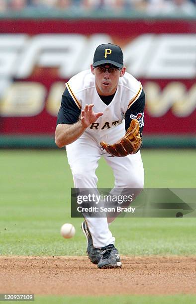 Pittsburgh's Jack Wilson fields a ground ball during the game against the Milwaukee Brewers at PNC Park in Pittsburgh, Pennsylvania on July 4, 2004....