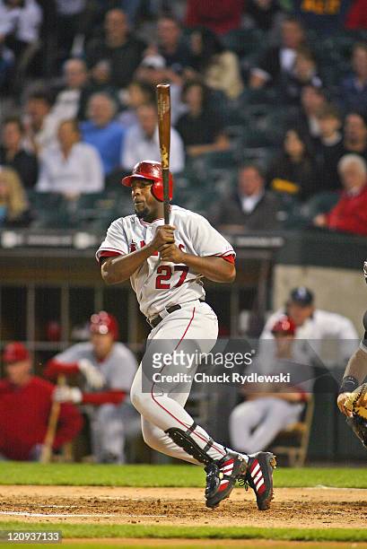 Los Angeles Angels' Right Fielder, Vladimir Guerrero, singles during the Angels' 12-5 victory over the Chicago White Sox May 10, 2006 at U.S....