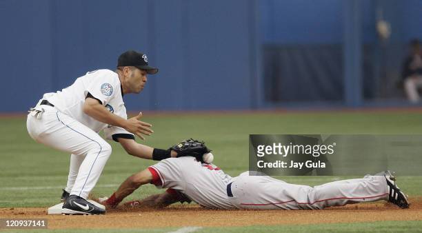 Boston's Coco Crisp is safe at 2nd with a stolen base ahead of the tag from Toronto 2nd baseman Edgardo Alfonzo in action during the Boston Red Sox...
